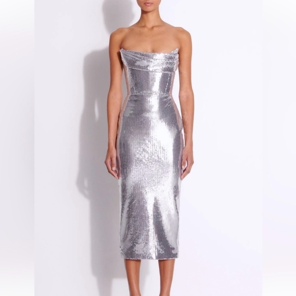Alex Perry silver sequin curved strapless dress